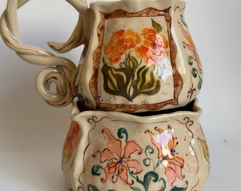 Hand Painted Matcha Bowl, Handmade Ceramic Chawan with Framed Garden Flowers, Floral Matcha Bowl, Unique Matcha Gift for Tea Lover