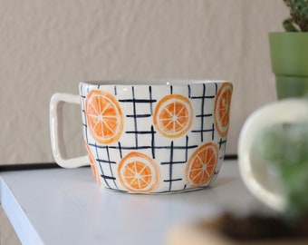 Orange Slice Design Mug - Handmade Ceramic Fruit Pattern, Cute Coffee, Latte, Cappuccino Cup Mug  - Handpainted Minimalist Ceramic Tea Cup