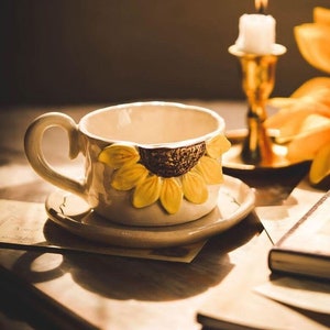 Floral Botanical Pottery Mug, Handmade Sunflower Ceramic Cup, Artistic Hand Painted Coffee Mug Cappuccino Tea Cup
