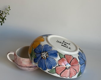 Handmade Ceramic Bowl with Colorful Flowers Hand-Painted Illustrations
