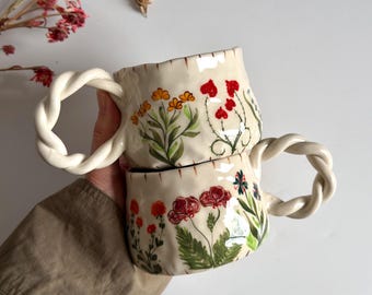 Handmade Ceramic Wildflower Mug: Floral Tea or Coffee Cup with Twisted Handle