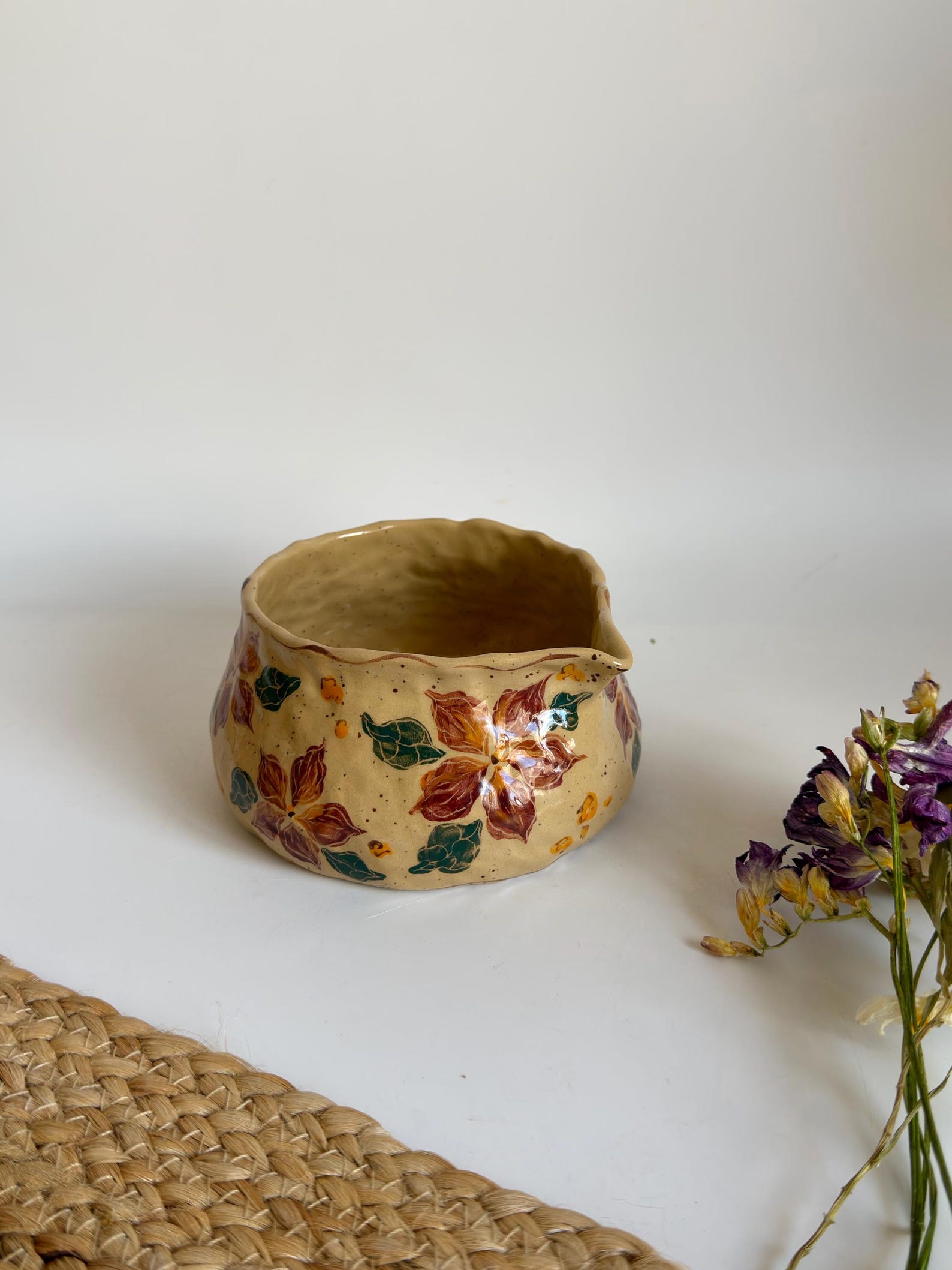Hand-Painted Ceramic Matcha Bowl – Botanical Scarlet Petal Bloom Illustrations