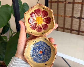 Handmade Ceramic Trinket Dish – Handmade Small - Appetizer Plate - Artisan Blue and Pink Floral Boho Chic Small Dish