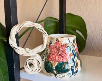 Lily Floral Mug, Handmade Ceramic Pink Lily Coffee Mug - Hand-painted Floral Mug, Vintage Pottery Lovely Mug, Ceramic Gift for Her