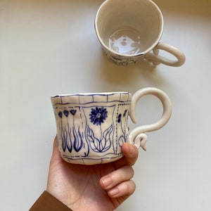 Handmade Blue Floral Ceramic Mugs Hand Painted Rustic Ceramic Tea Cups Bloom Tarot Cards Mug Cup Unique Design Ceramic Coffee Mug image 4
