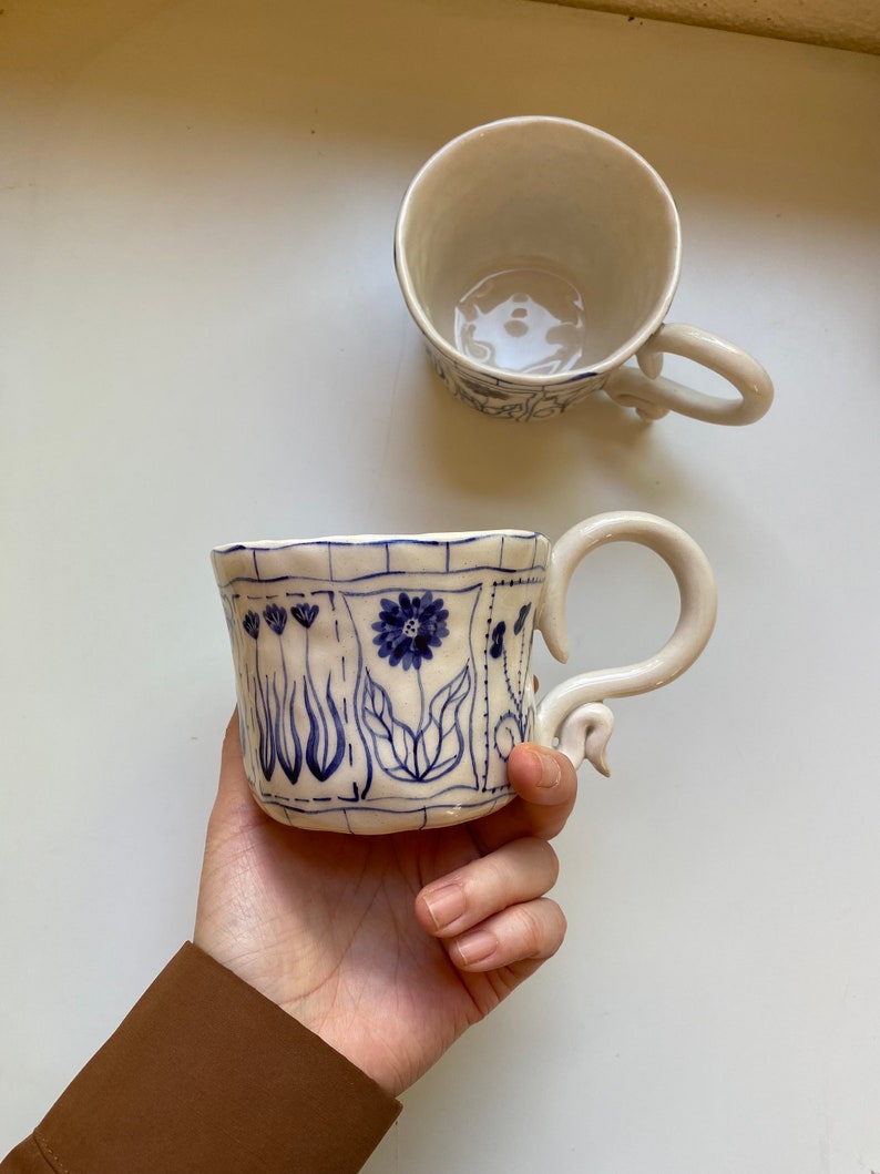 Handmade Blue Floral Ceramic Mugs Hand Painted Rustic Ceramic Tea Cups Bloom Tarot Cards Mug Cup Unique Design Ceramic Coffee Mug image 4