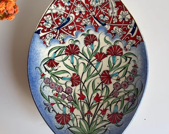 Hand-Painted Ceramic Wall Plate: Red Carnations Floral Turkish Tile Art