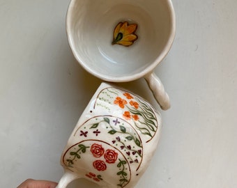 Stages of Flowers - Handmade Aesthetic Ceramic Mug with Minimalist Flower Drawings, Cup - Handcraft Coffee Mug