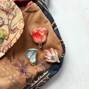Floral Handmade Ceramic Jewelry Accessories Pin Set, Brooch Set, Flower Pin Brooch set for Bag - Botanical Handmade Ceramic Clay Pin Badge