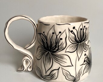 Handmade Black & White Lilly Flowers 13 oz Large Ceramic Mug | BW Floral Design Coffee Tea Cup | Unique Handcrafted Handpainted Mug