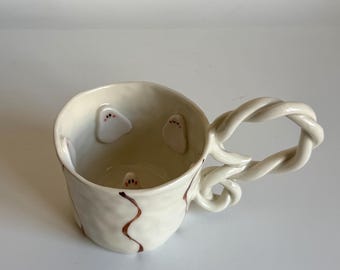 Handmade Ceramic Ghost Mug, Cute Spooky Halloween Coffee Cup, Handpainted Ghosts Ceramic Tea Mug, Unique Artisan Pottery