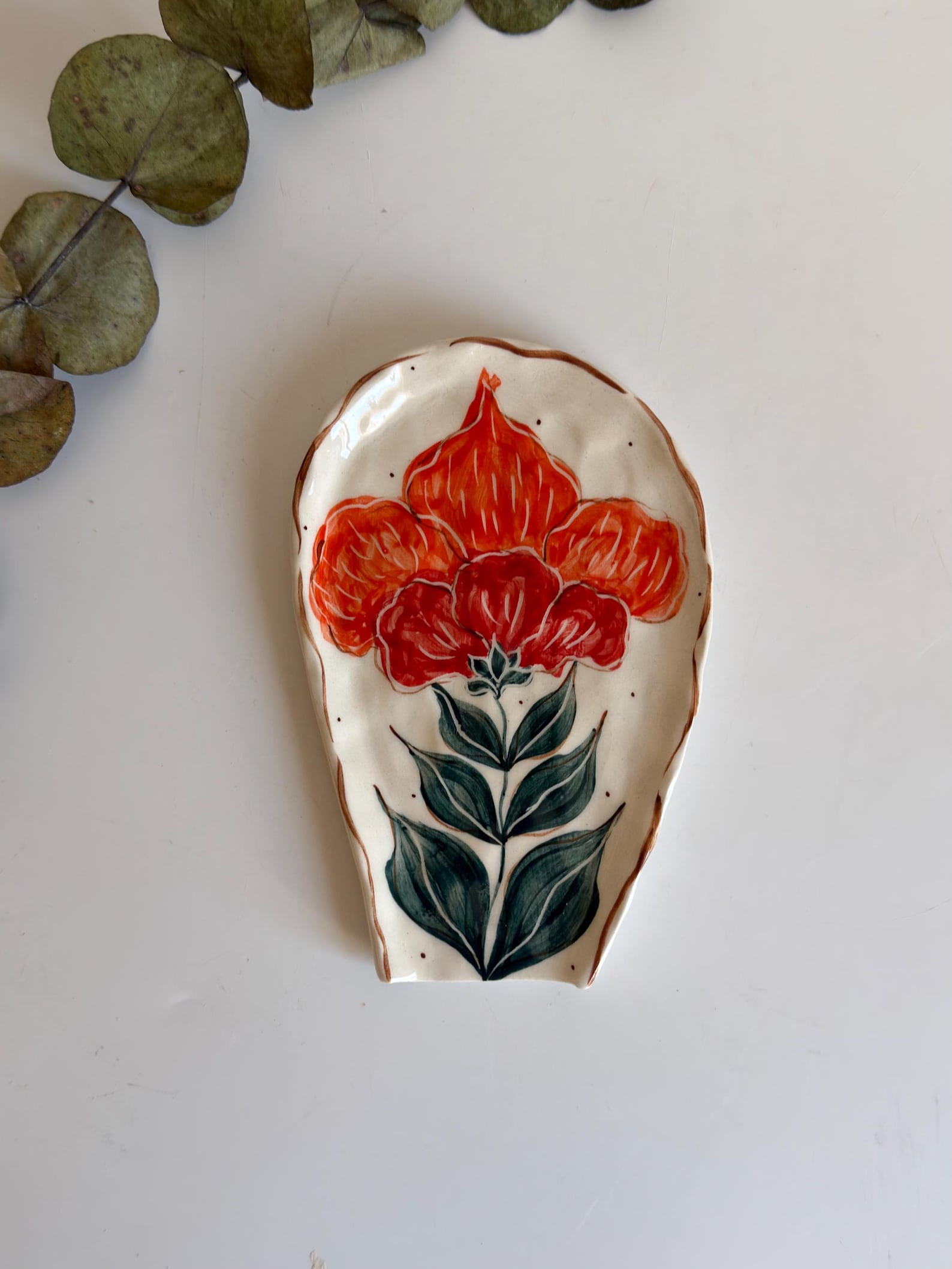 Floral Spoon Rest, Handmade Ceramic Spoon Rest, Handpainted Pottery Kitchenware Spoon Rests, Unique Spoon Rests - orange