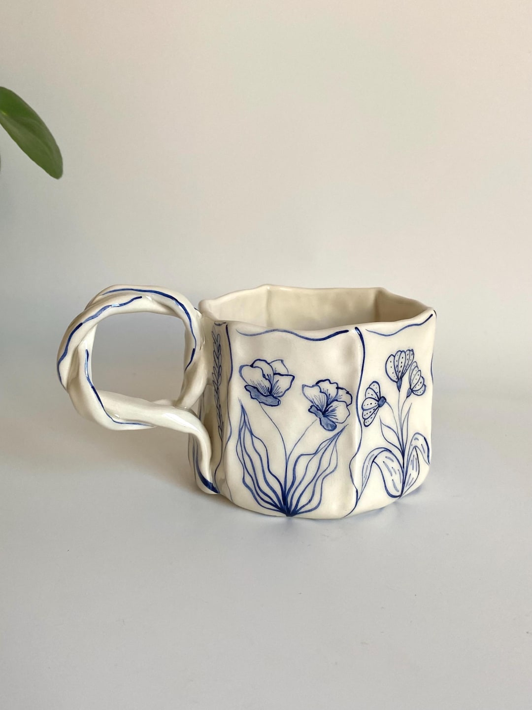 Handmade Unique Blue Floral Ceramic Mugs - Hand Painted Rustic Ceramic ...