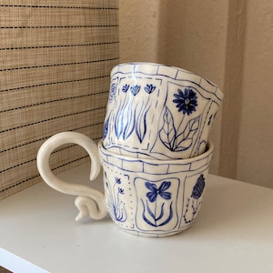 Handmade Blue Floral Ceramic Mugs Hand Painted Rustic Ceramic Tea Cups Bloom Tarot Cards Mug Cup Unique Design Ceramic Coffee Mug image 6