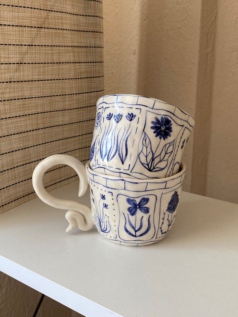 Handmade Blue Floral Ceramic Mugs Hand Painted Rustic Ceramic Tea Cups Bloom Tarot Cards Mug Cup Unique Design Ceramic Coffee Mug image 6