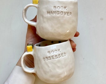 Book Lover Mug - Handmade Ceramic Tea Cup, Boho Coffee, Latte, Cappuccino Cup Mug  - Handpainted Book and Geek Ceramic Cup