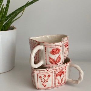 Heart-Shaped Red Floral Handmade Ceramic Cup - Perfect Gift for Valentine's Days Hand Painted Rustic - Bloom Tarot Cards - Unique Design
