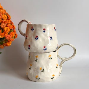 Cute Minimalist Blue Flower Mug - Handmade Ceramic Floral, Botanic Coffee, Latte, Cappuccino Cup Mug  - Handpainted Floral Ceramic Cup
