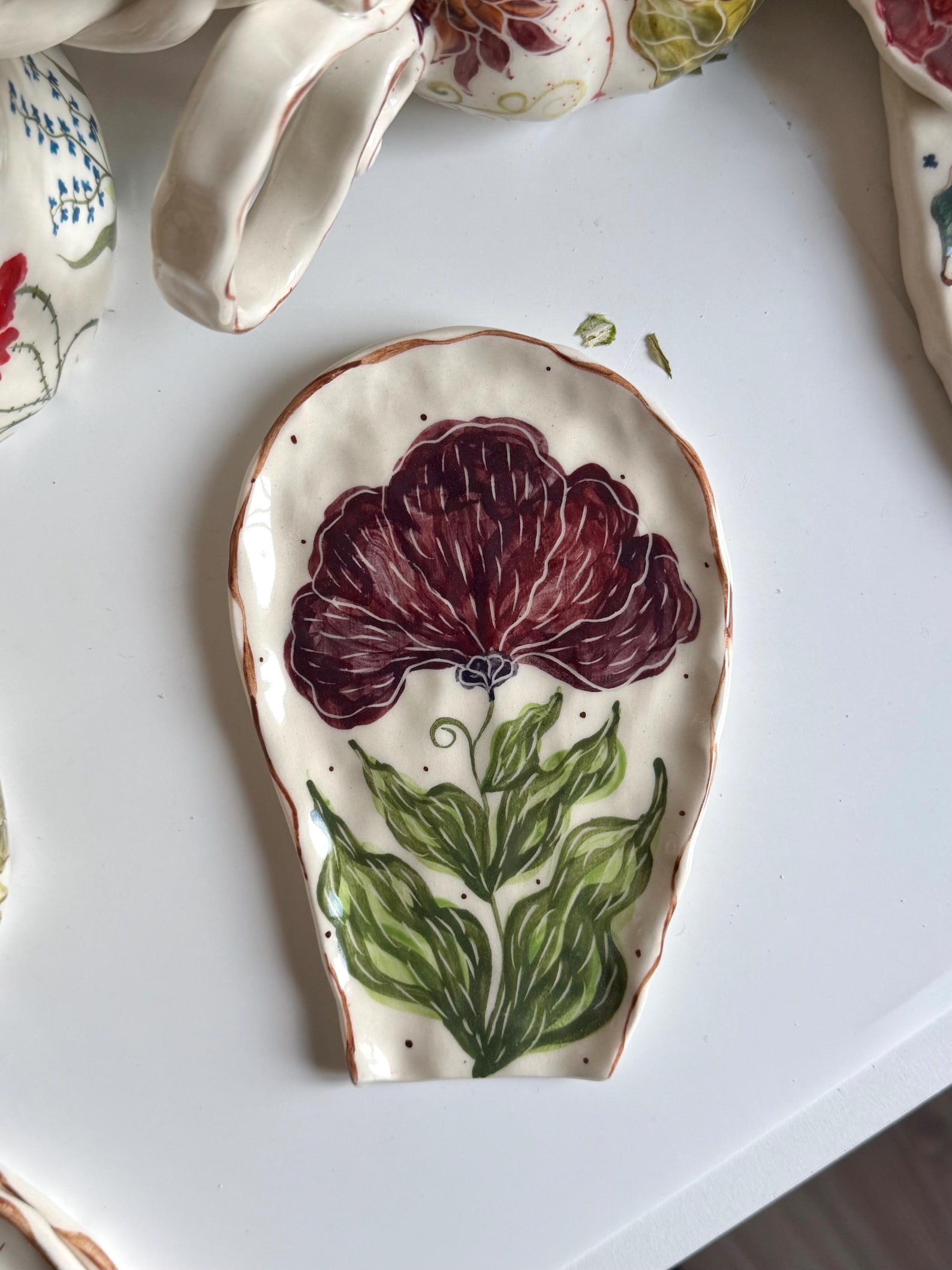 Purple Ceramic Spoon Rest, Handmade Vintage inspired Spoon Rests, Floral Pottery Kitchenware Spoon Rest, Unique Homeware - purple