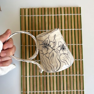 Handmade Black & White Lilly Flowers Ceramic Mug | BW Floral Design Coffee Tea Cup | Unique Handcrafted Handpainted Mug