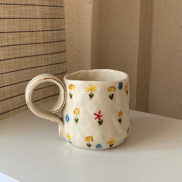 Little Flowers - Handmade Aesthetic Minimal Floral Ceramic Mug with Minimalist Flower Drawings, Cup - Handpainted Coffee Tea Mug