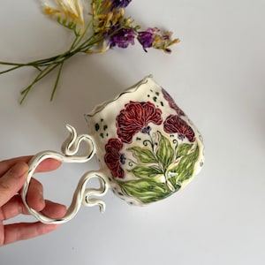 Cute Floral Mug, Handmade Ceramic Wildflowers Coffee Mug - Hand-painted Floral Mug, Vintage Pottery Lovely Mug, Ceramic Gift for Her