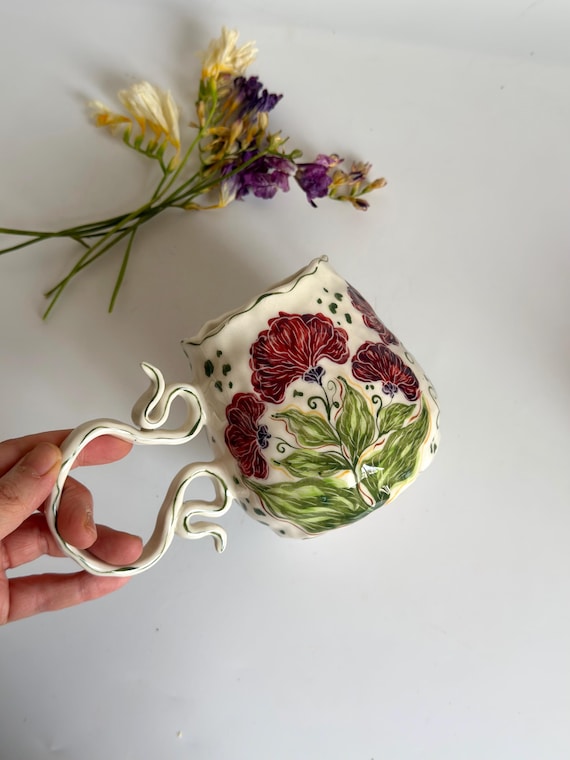 Cute Floral Mug, Handmade Ceramic Wildflowers Coffee Mug - Hand-painted Floral Mug, Vintage Pottery Lovely Mug, Ceramic Gift for Her