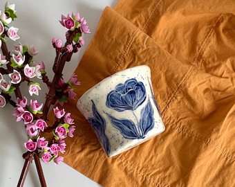 Handmade Artistic Ceramic Coffee Tea Mug with Blue Flower Designs
