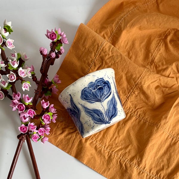 Handmade Artistic Ceramic Coffee Tea Mug with Blue Flower Designs