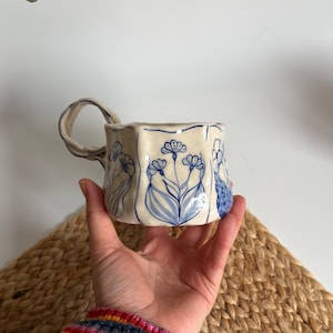 Handmade Unique Blue Floral Ceramic Mugs - Hand Painted Rustic Ceramic ...