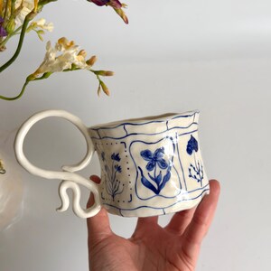 Handmade Blue Floral Ceramic Mugs - Hand Painted Rustic Ceramic Tea ...