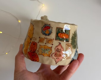 Cozy Fall Mug, Hand Painted Autumn Room Scene with Pumpkins, Handmade Ceramic Mug with Twisted Handle, Cottage Coffee Cup Gift