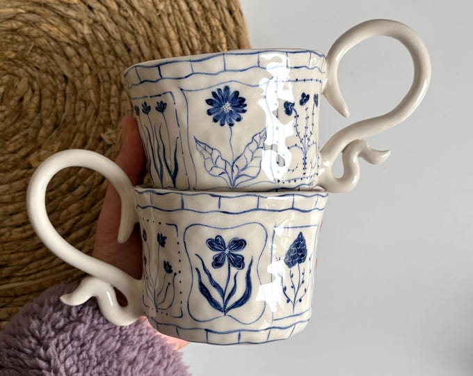 Handmade Blue Floral Ceramic Mugs - Hand Painted Rustic Ceramic Tea Cups - Bloom Tarot Cards Mug Cup - Unique Design Ceramic Coffee Mug