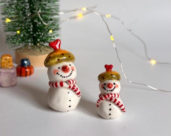 Mini Snowman Figurine Set of 2, Handmade Ceramic Snowmen with Striped Scarves, Tiny Christmas Decor, Cute Holiday Shelf Decoration