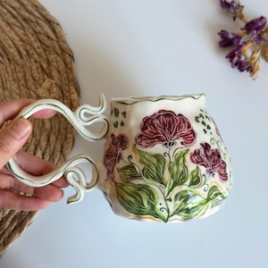 Cute Floral Mug, Handmade Ceramic Wildflowers Coffee Mug - Hand-painted Floral Mug, Vintage Pottery Lovely Mug, Ceramic Gift for Her