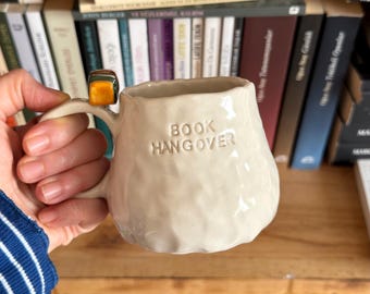 Book Lover Mug - Handmade Ceramic Tea Cup, Boho Coffee, Latte, Cappuccino Cup Mug  - Handpainted Book and Geek Ceramic Cup