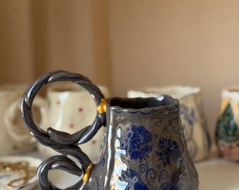 Handcrafted Botanical Illustration Mug, Blue Floral Ceramic Mug, Twisted Handle Pottery, Grey Stoneware Coffee Mug, Botanical Mug