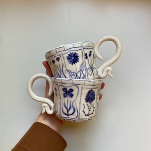 Handmade Blue Floral Ceramic Mugs Hand Painted Rustic Ceramic Tea Cups Bloom Tarot Cards Mug Cup Unique Design Ceramic Coffee Mug image 3