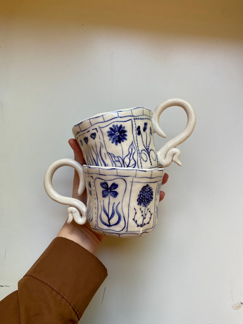 Handmade Blue Floral Ceramic Mugs Hand Painted Rustic Ceramic Tea Cups Bloom Tarot Cards Mug Cup Unique Design Ceramic Coffee Mug image 3