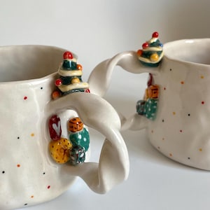 Christmas Handmade Ceramic Mug, Elegant Handmade Ceramic Mug with Mini Christmas Tree on Handle, Holiday Season , 3D Design Unique Gift Cup