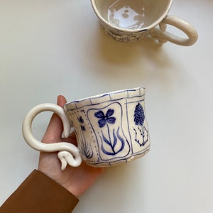 Handmade Blue Floral Ceramic Mugs Hand Painted Rustic Ceramic Tea Cups Bloom Tarot Cards Mug Cup Unique Design Ceramic Coffee Mug image 5