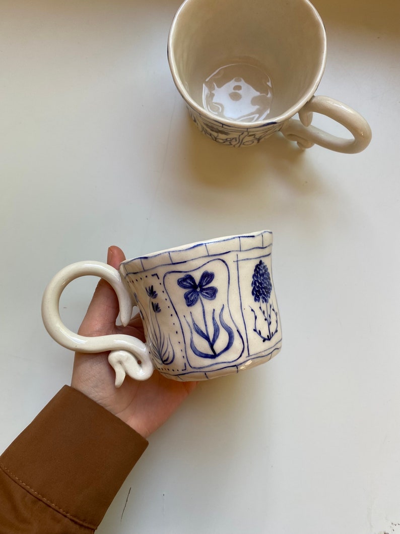 Handmade Blue Floral Ceramic Mugs Hand Painted Rustic Ceramic Tea Cups Bloom Tarot Cards Mug Cup Unique Design Ceramic Coffee Mug image 5