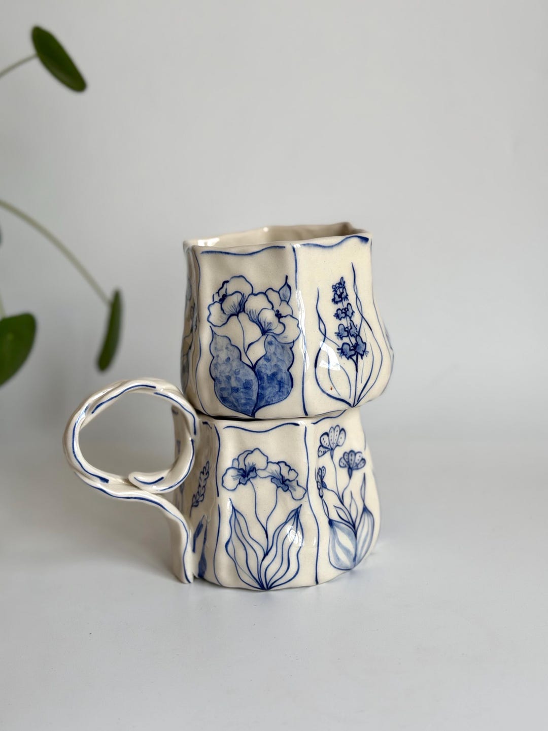 Handmade Unique Blue Floral Ceramic Mugs - Hand Painted Rustic Ceramic ...