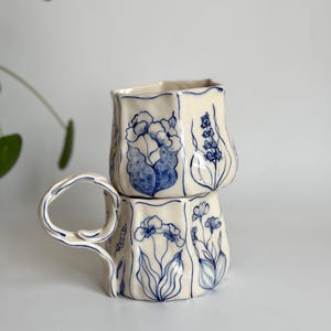 Handmade Unique Blue Floral Ceramic Mugs - Hand Painted Rustic Ceramic Tea Cups - Japanese Design Blue Paint Ceramic Coffee Mug