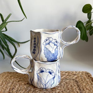 Handmade Unique Blue Floral Ceramic Mugs - Hand Painted Rustic Ceramic Tea Cups - Japanese Design Blue Paint Ceramic Coffee Mug
