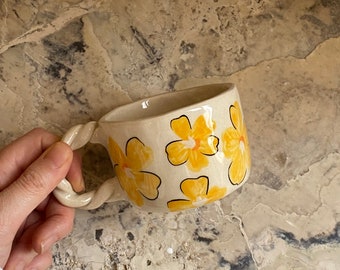 Handmade Pottery Ceramic Mug, Yellow Unique Floral Coffee, Tea Mug, Hand-painted Flower Cute Ceramic Mug, Hippie Vintage Mug Cup, Yoga Mug