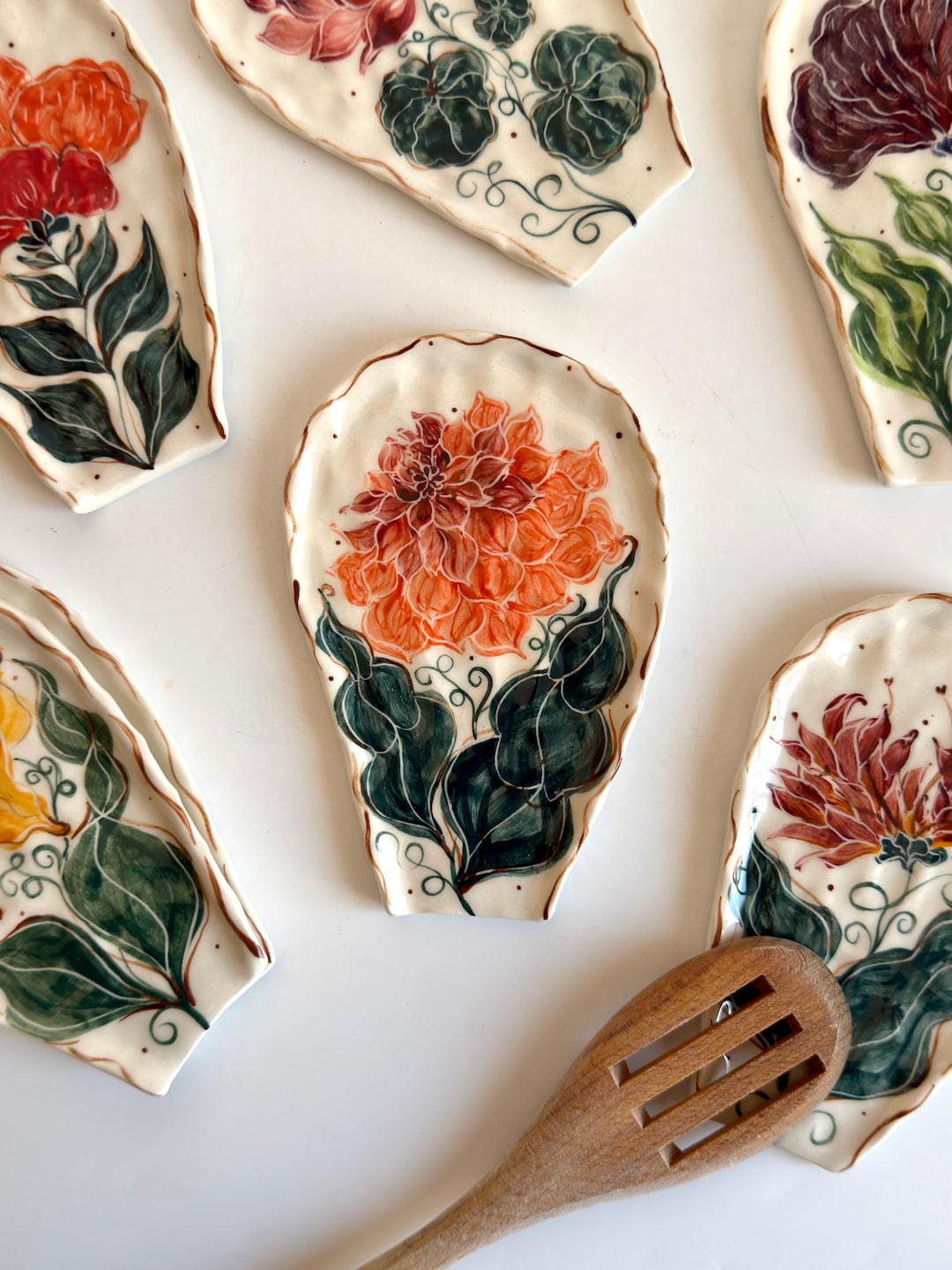 Floral Spoon Rest, Handmade Ceramic Spoon Rest, Handpainted Pottery Kitchenware Spoon Rests, Unique Spoon Rests , Artistic Spoon Rest