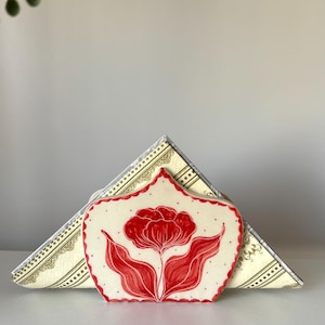 Handmade Red Floral Ceramic Napkin Holder – Unique Handpainted Table Decor
