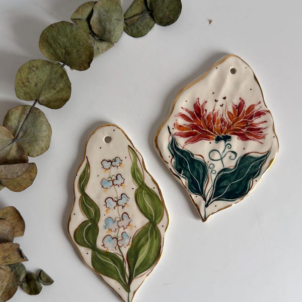 Handgemaakte keramische gouden muurhanger, esthetische huisdecoraties, bloemenornamenten - bloemsierkunst voor thuis - uniek cadeau, schattig muurdecor
