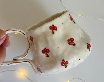 Autumn Handpainted Mug, Mini Mushrooms and Cute Snails Handmade Mug